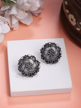 NVR Women's Silver Plated Oxidized Floral Design Stud Earrings-One Size / Silver / German Silver