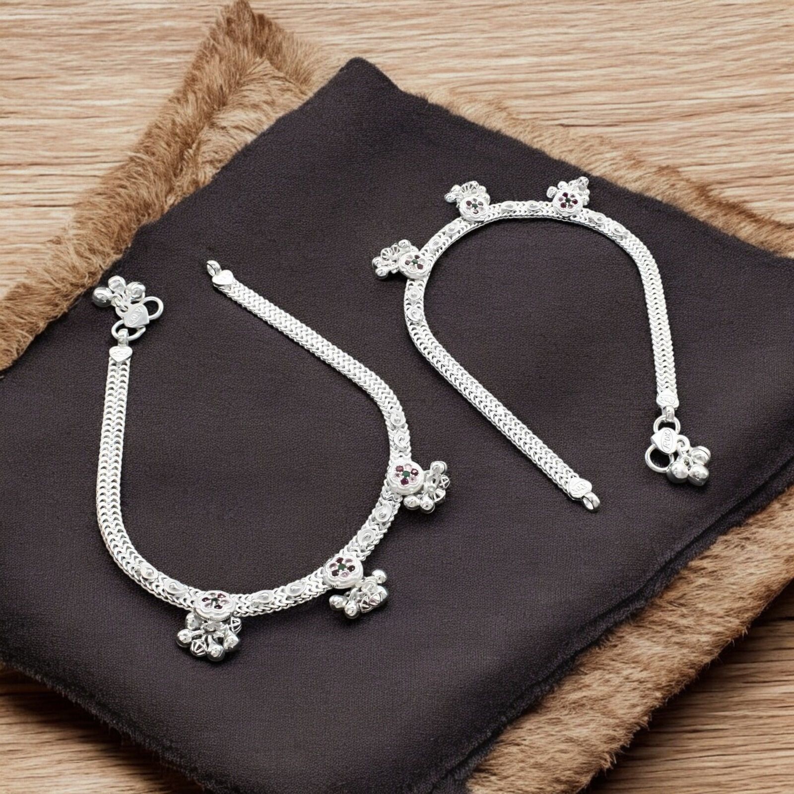 Real Sterling Silver women Multi CZ amazing bridal Anklet Ankle Pair 10.3"