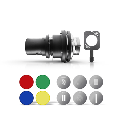 Digitek (DS 230) Bowens Mount Optical Snoot Kit for Studio Light Flash, Accessories with 6x Gobos & 4x Color Gels (Red/Yellow/Green/Blue), Multifunction Focus Ring, Premium Metal Construction