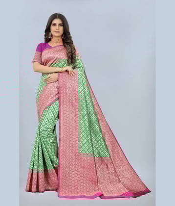 NENCY FASHION Banarasi Silk Embellished Saree With Unstitched Blouse Piece ( Green )