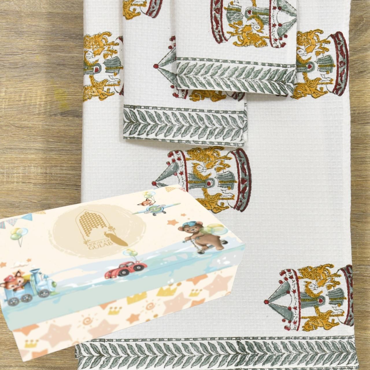 Kids Gift Set - Handblock Printed Towels - 1 Bath + 2 Hand Towels-Hand Block / 30X60 Inches, 15X30 Inches / 1 Bath,2 Hand Towel