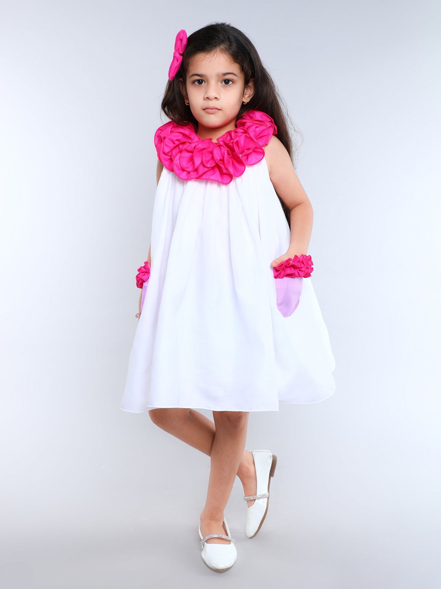 Ruffle Neck Colorblock Tent Dress -White-1-2Y / White