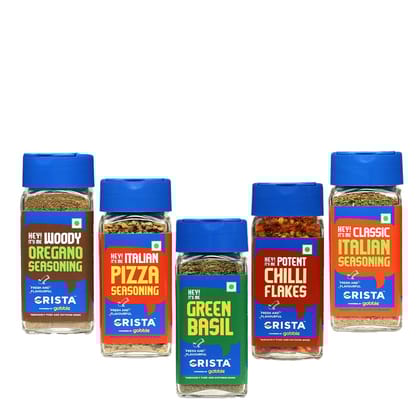 CRISTA Italian Spices & Seasonings Combo Pack (Oregano Seasoning 50 gm, Pizza Seasoning 40 gm, Basil 15 gm, Italian Seasoning 40 gm & Chilli Flakes 30 gm) - Pack of 5