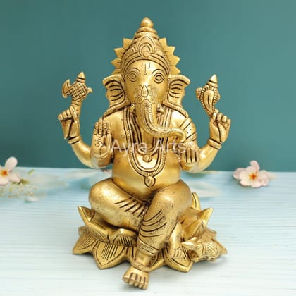 Brass Ganesh Idol Sitting on Lotus Ganpati Bhagwan Statue for Home Entrance Good Luck Vastu Decoration Showpiece and Gift - 10 Inch Height Brass Ganesh Idol Sitting on Lotus Ganpati Bhagwan Statue for Home Entrance Good Luck Vastu Decoration Showpiece and Gift - 10 Inch Height