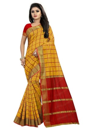 Generic Women's Cotton Silk Saree with Blouse (Yellow, 5 - 6 Mtrs)