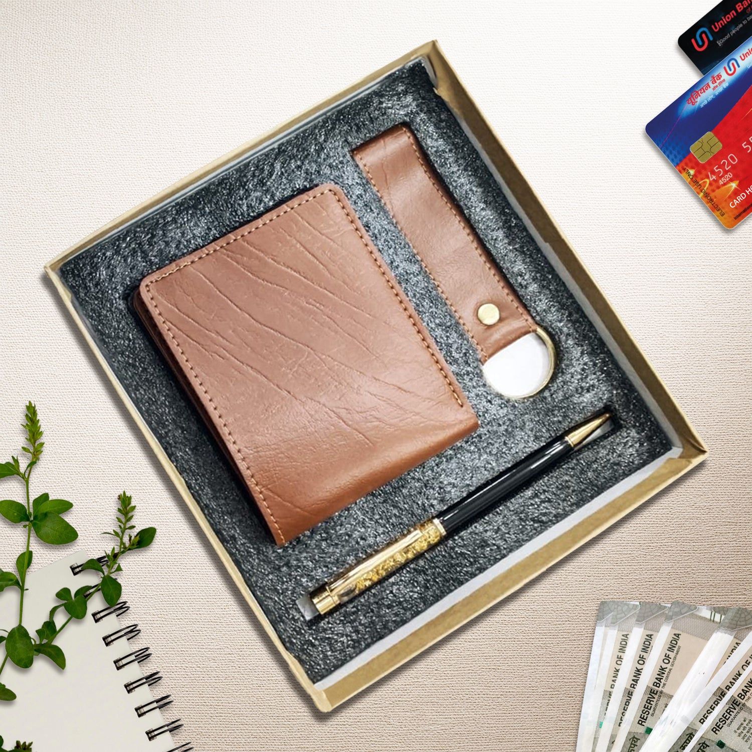Personalised 3-in-1 Customised Combo Set Wallet, Keychain, and Pen - Textured Finish-(Tan)