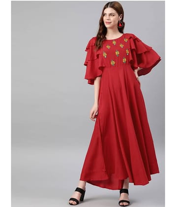 Yash Gallery Pack of 1 Rayon Embroidered Flared Women's Kurti - ( Red )