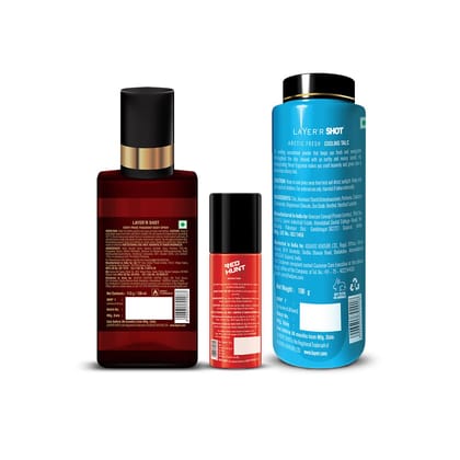 Layer'r Shot Fragrant Body Spray For Men- Pack of 3| Fiery Pride(130ml) & Cooling Talc (100 g) with Redhunt Shaving Foam | Long-Lasting & Skin-Friendly Premium Fragrance | Perfect For all occasions | For Men