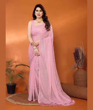 DIKONA DESIGNER Georgette Applique Saree With Unstitched Blouse Piece ( Pink )