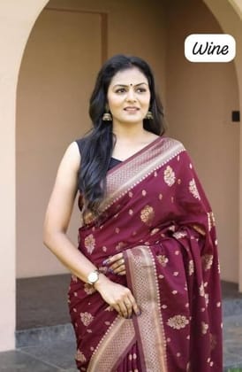 Women's Soft Lichi Silk Printed Saree With Unstitched Blouse 5.5Mtr (Wine)-PID63666