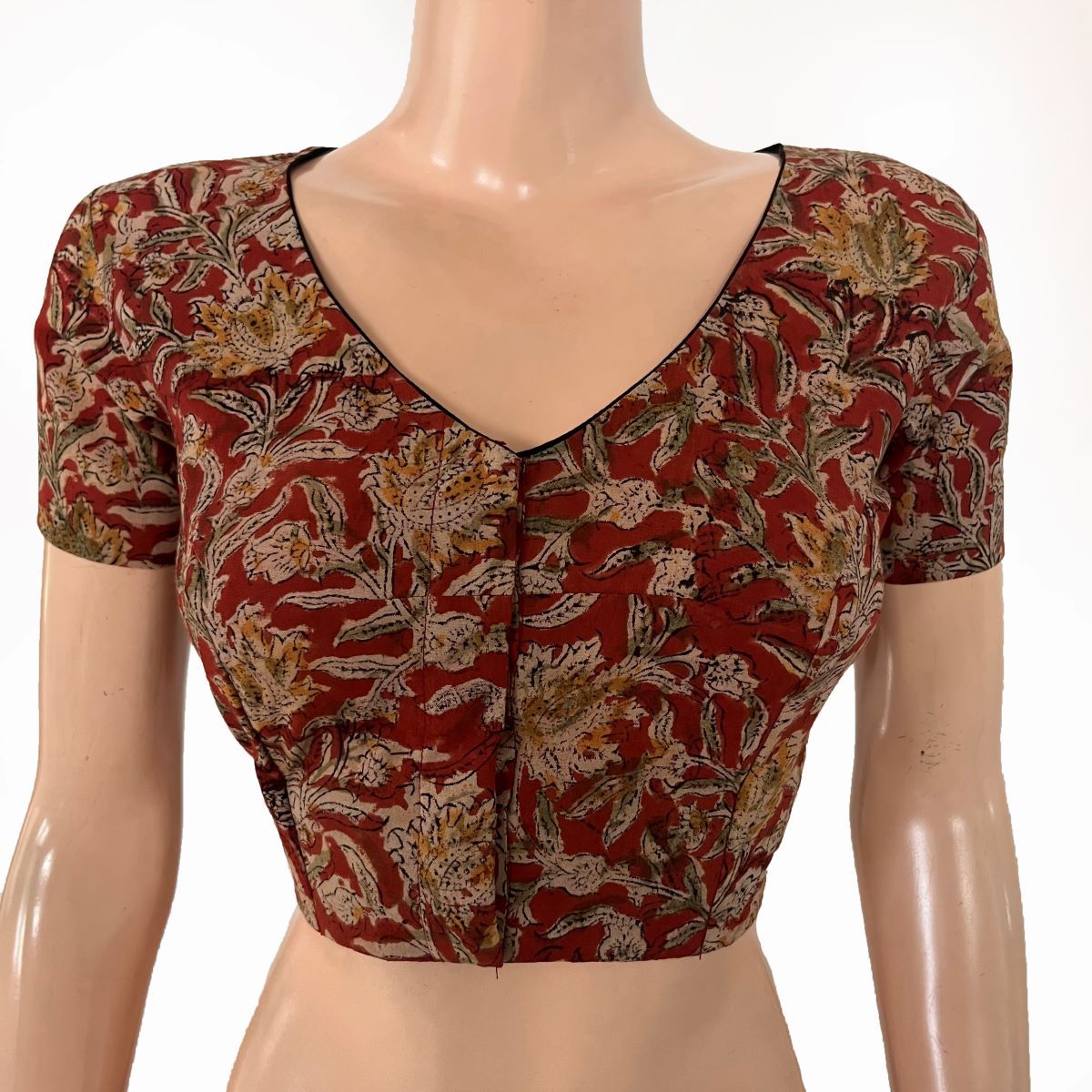 Kalamkari Cotton V Neck Blouse with Short Sleeves ,Beige - Maroon , BK1310-S