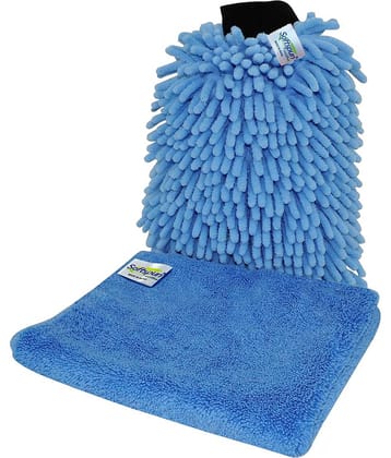 SOFTSPUN SOFTSPUN Microfiber Chenille & Single-Side Gloves 1700 GSM with Towel 380 GSM, 2 Piece Combo Multicolour, Multi-Purpose Super Absorbent and Perfect Wash Clean with Lint-Scratch Free Car, Dusting! Glove