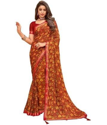 Nandini Creation Chiffon Printed Saree With Unstitched Blouse Piece ( Maroon )