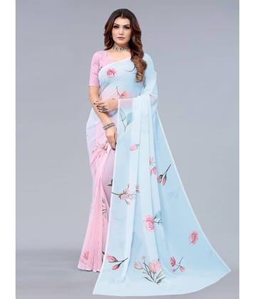 Samah Georgette Printed Saree With Unstitched Blouse Piece ( Light Blue )