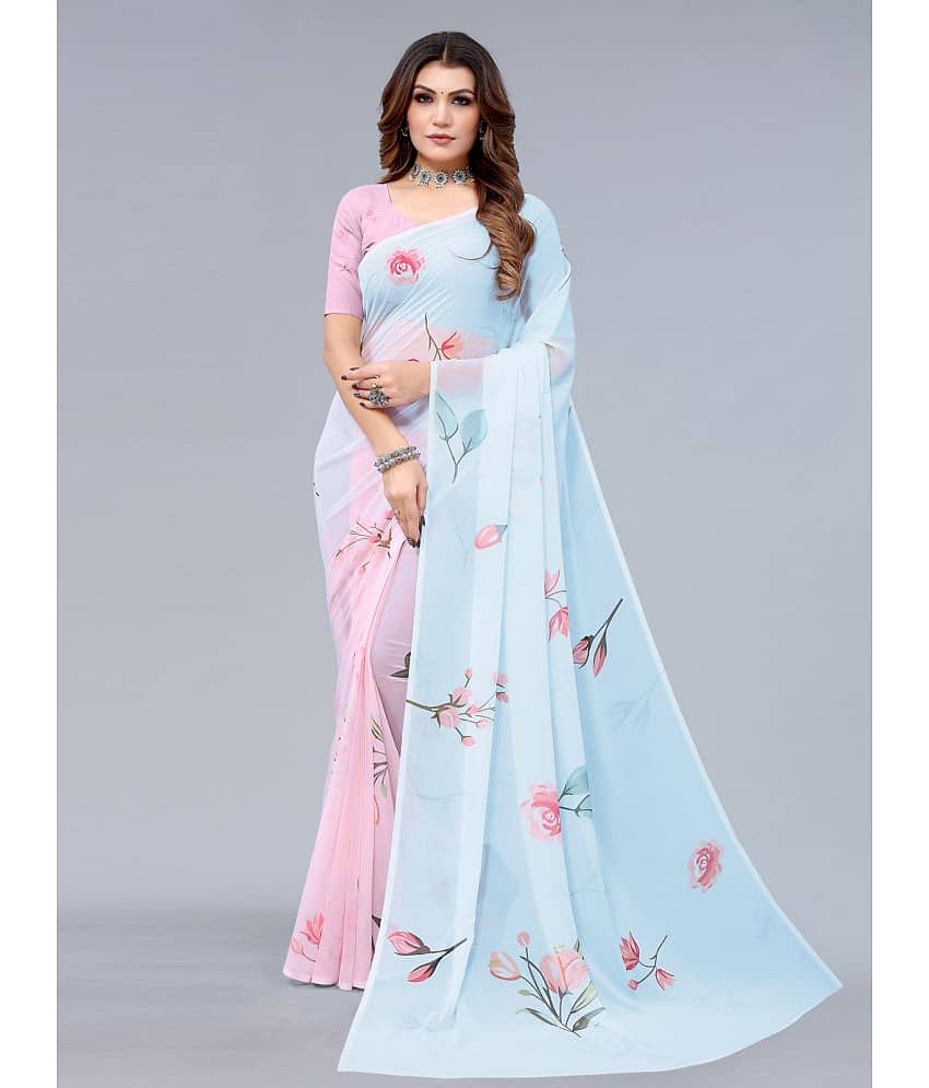 Samah Georgette Printed Saree With Unstitched Blouse Piece ( Light Blue )