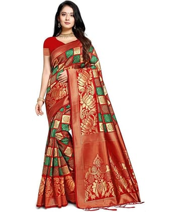NENCY FASHION Banarasi Silk Printed Saree With Unstitched Blouse Piece ( Multicolor )
