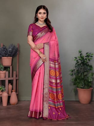 Pink Soft Silk Floral Designed Banarasi Saree
