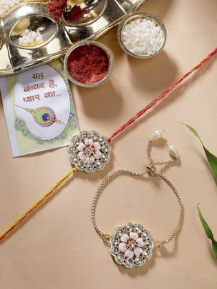 NVR Unisex Set of 2 Gold Kundan-Studded Bhaiya Bhabhi Rakhi Set With Roli Chawal & Chocolate-Freesize / Gold / Brass