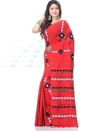 Desh Bidesh Cotton Self Design Saree With Unstitched Blouse Piece ( Red )
