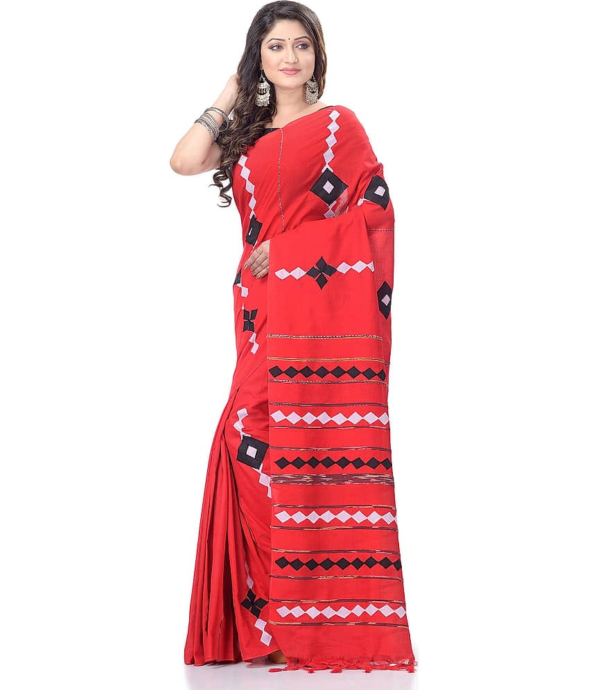 Desh Bidesh Cotton Self Design Saree With Unstitched Blouse Piece ( Red )