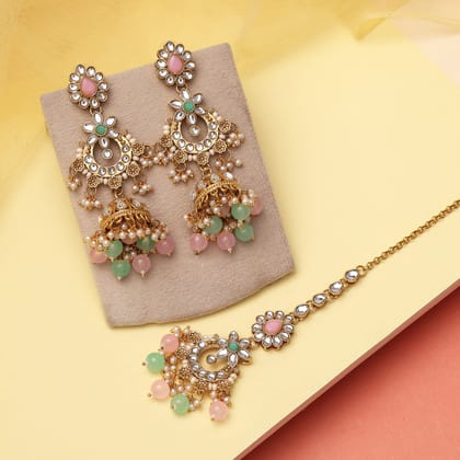 Pink & Pista Green Color Kundan Earrings With Maang Tikka (KDTE575PNKPGRN)-Length: 9.00 CM x Width: 2.00 CM / Green / Alloy With Good Quality Gold Plated