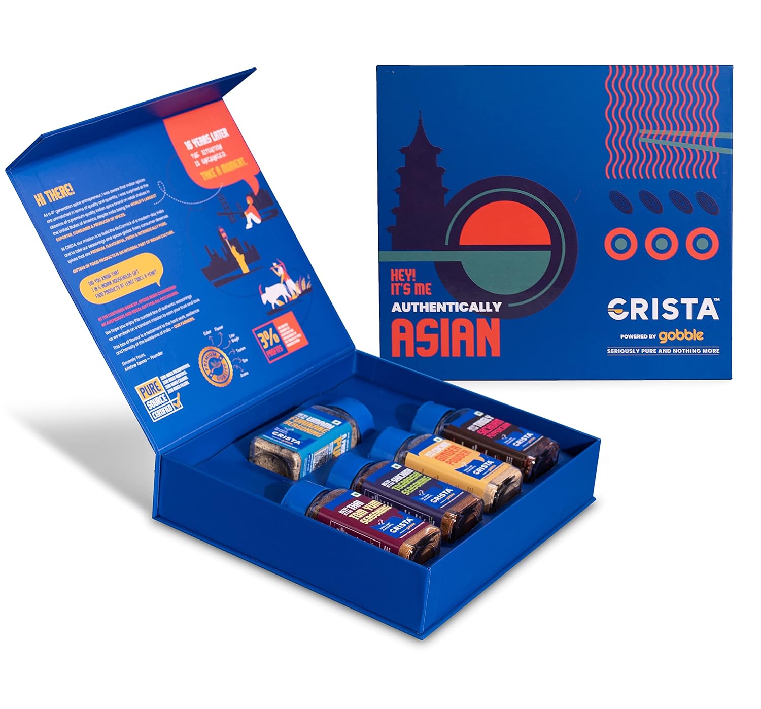 CRISTA Authentically Asian Seasonings Gift Box - Festive Gift|Pure Spice Gifting, 205 gm - Box of 5