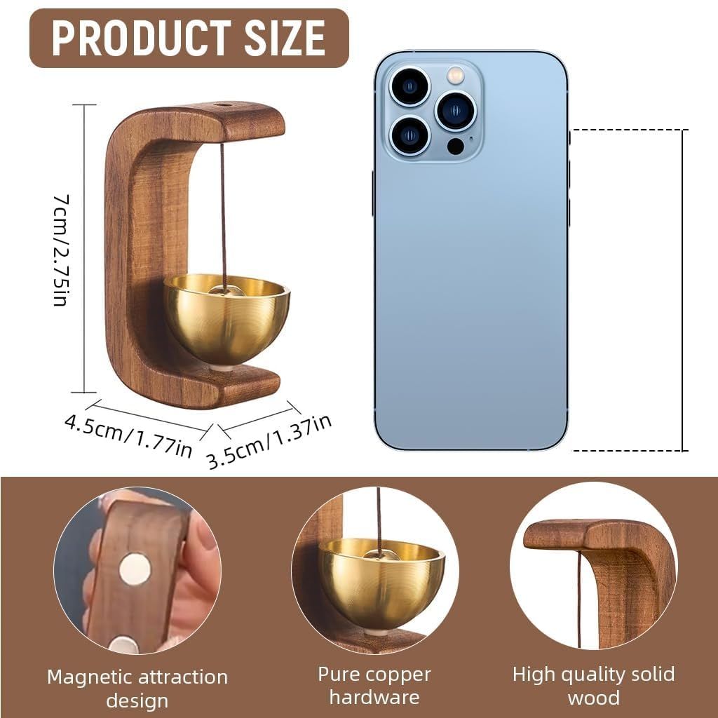 BREEPRE Wooden Door Chime with Brass Bell Magnetic Doorbell Walnut Wood Stand with Gold Bowl Design