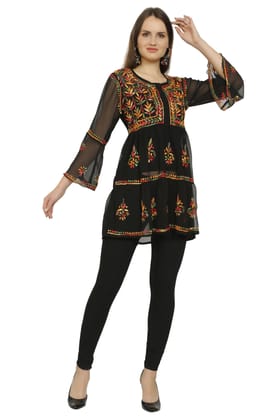 The Chikankari Story: Women's Black Georgette Short Kurti with Chikankari Hand Embroidery - Lightweight, Elegant, and Versatile.-XL