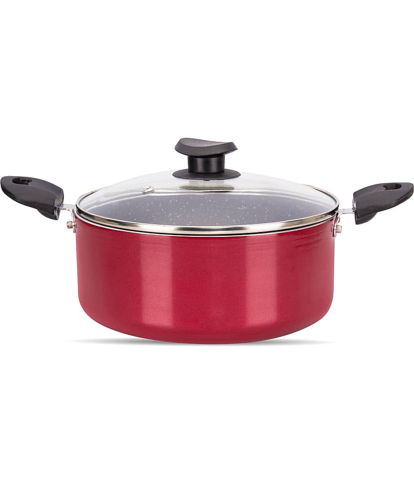 Navrang Cookware Non-Stick Aluminium Pot Set Heavy Bottom with Glass Lid 22 cm Diameter 3.5 Ltr