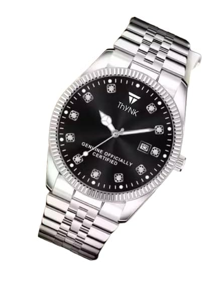 Thynk Black Men's Silver Analog Watch with Black Dial | Premium Stainless Steel Strap Wristwatch with Date Display | Stylish & Trendy