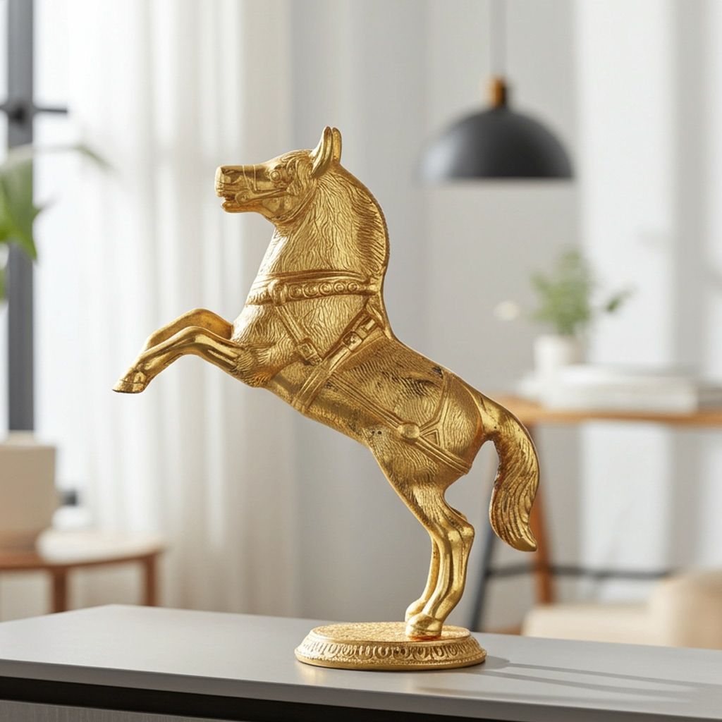 Gold Finish Aluminium Standing Horse Statue For Home & Office, Height : 10 Inch (ASMAS223 G)