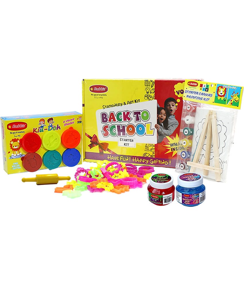 Rabbit Back To School Starter Kit+ Kid Doh Joy Pack+24 Molding Toys & Belan+  Slime Crystal Mud Slime(100g)+ Metallic Mud Slime(100g)+Starter Canvas Kit 4*6| Stationery & Art Kit For KIds| Modelling dough with Toy Set| Jelly Toys|