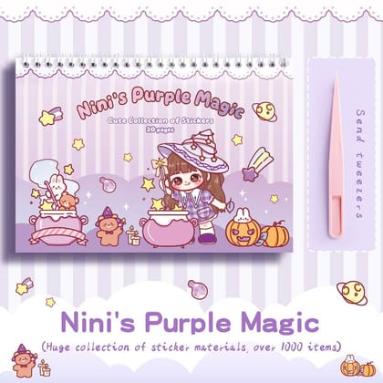 Nini's Purple Magic Cute Collection Sticker Book (20 Pages, 21 x 14.8 cm) | Massive Collection of Over 1000 Items with Tweezers | Journaling & Crafting