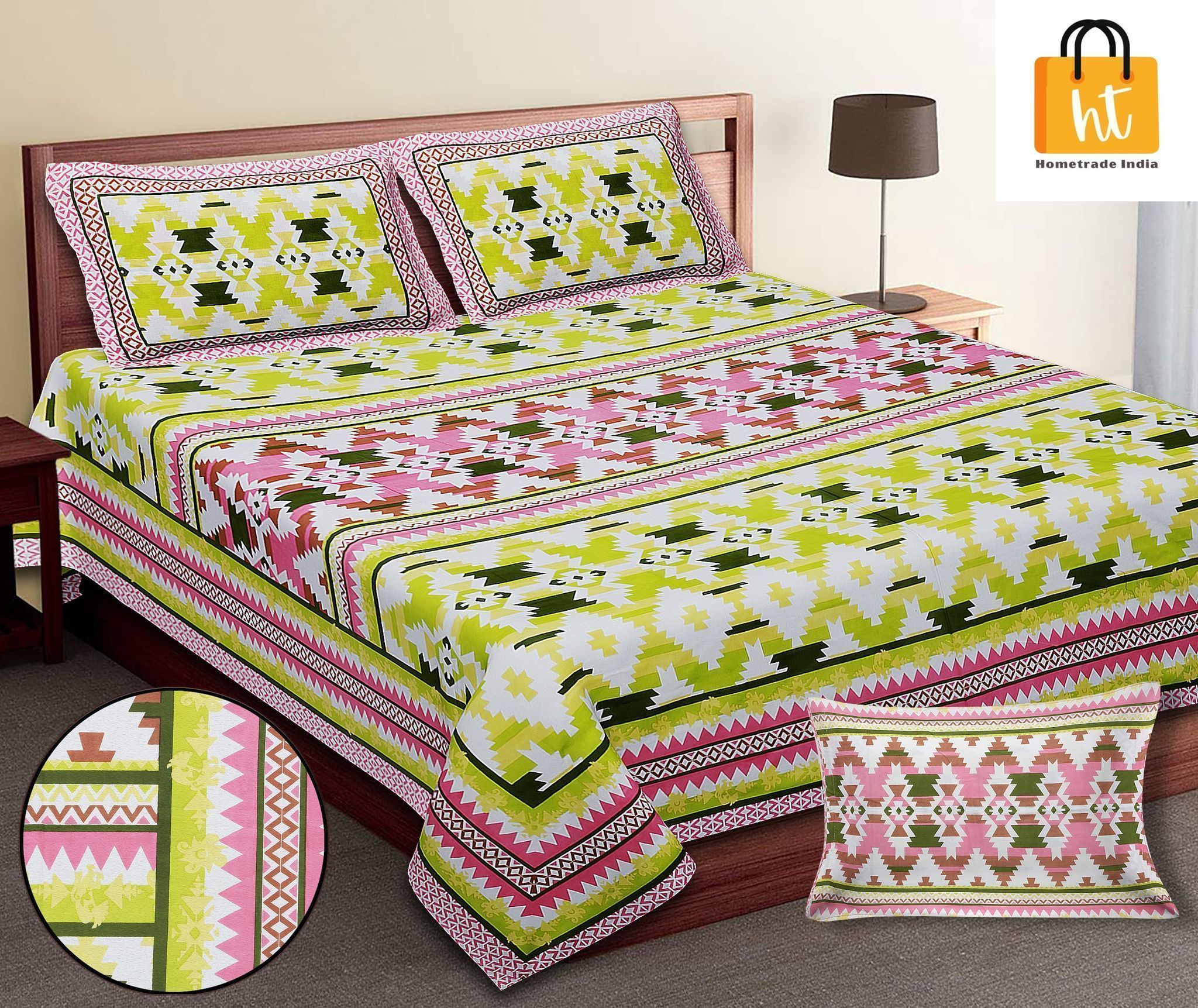 3001-Hometrade India-Standard King Size (90*108 Inches)-Buy Pure Cotton Jaipuri Printed Flat King Size Double Bedsheet With 2 Matching Pillow Cover