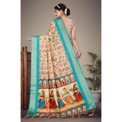 womens cotton silk printed saree with unstitched blouse 5mtr sky blue pid63886