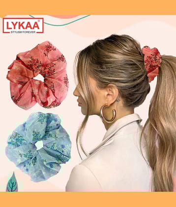 Lykaa Georgette Hair Scrunchies Elastics Ponytail Holders Leaf printed for Women & Girls - Pack of 2