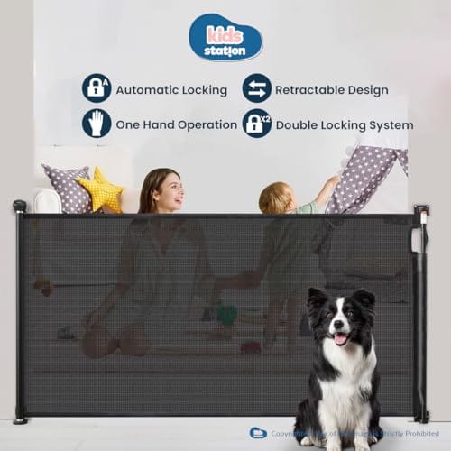 Kids Station Retractable Safety Gate for Toddlers - Barrier Fence - Mesh Baby Gate for Door and Stairs - Retractable Mesh - Height 90cm or 2.9ft - Expandable to 140cm or 4.6ft (Black)