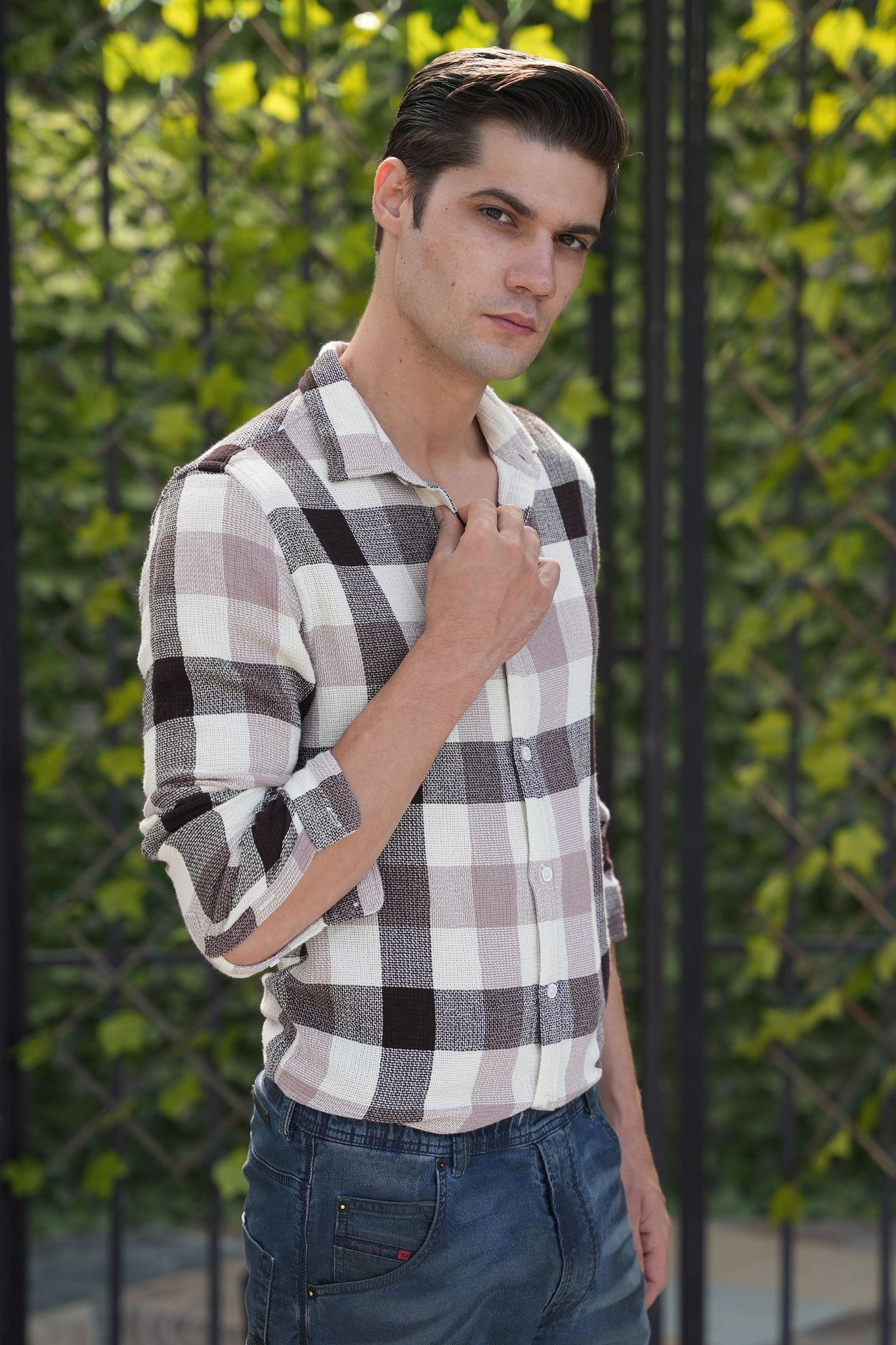 Willa - Textured Check Shirt - Peach-S-38 / PEACH