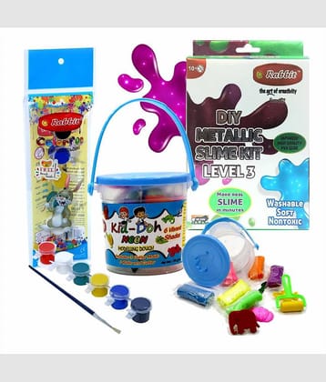 RABBIT'S DIY Metallic Slime Kit Level 3+Kid Doh Neon Bucket|+Tempera Colors|Slime Making Kit|Combo includes 1 DIY Set + 1 Roller + 1 Cutter|DIY Kits|Play Doh Slime|Child Safe|Play Doh Clay Set|Age 3+|