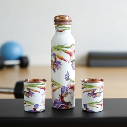 Copper Water Bottle Set with 2 Glasses | Premium Ayurvedic Drinkware , Height : 3.8 Inch (BCMAS146 A)