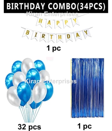 Kiran Enterprises Happy Birthday Banner ( Pink ) + 1 Fringe Curtain ( Gold ) + 32 Metallic Balloon ( Pink, Gold )    )