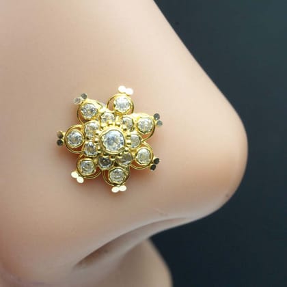 Star Style 14K Real Gold Women Nose stud White CZ nose ring Push Pin