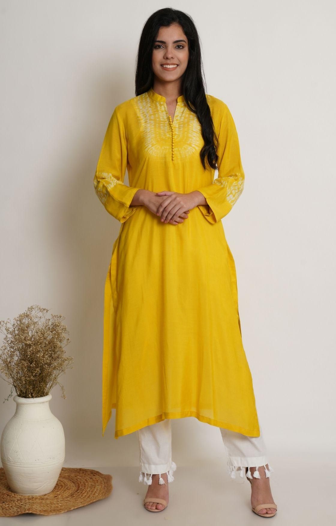 Yellow Shibori Yoke Kurta Set-S