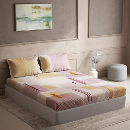 DDECOR - Elemental Collection 100% Cotton Geometric Pattern 144TC King Bedsheet |254 CM X 274 CM| with 2 Pillow Covers - Pink