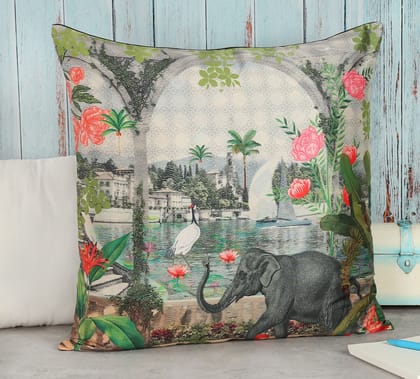 India Circus Frolic Mist - Blended Taf Silk Cushion Cover - 16 X 16 Inch