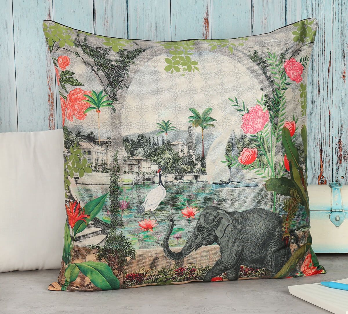 India Circus Frolic Mist - Blended Taf Silk Cushion Cover - 16 X 16 Inch