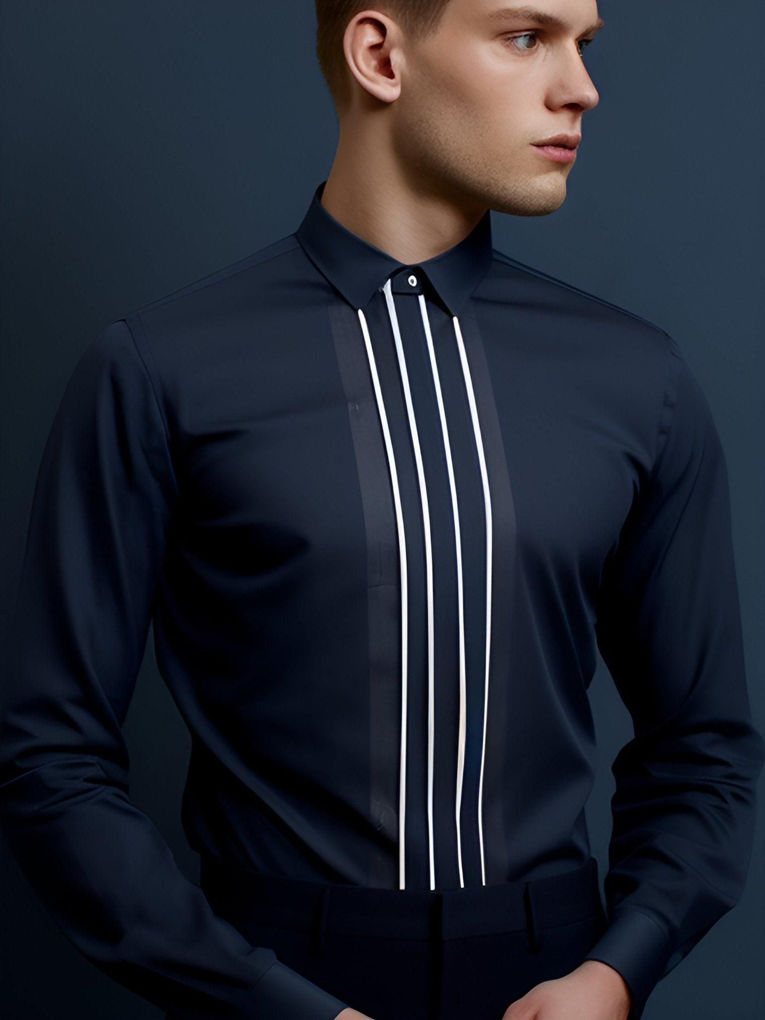 Embellished Semi Formal Navy Shirt-NAVY / XL