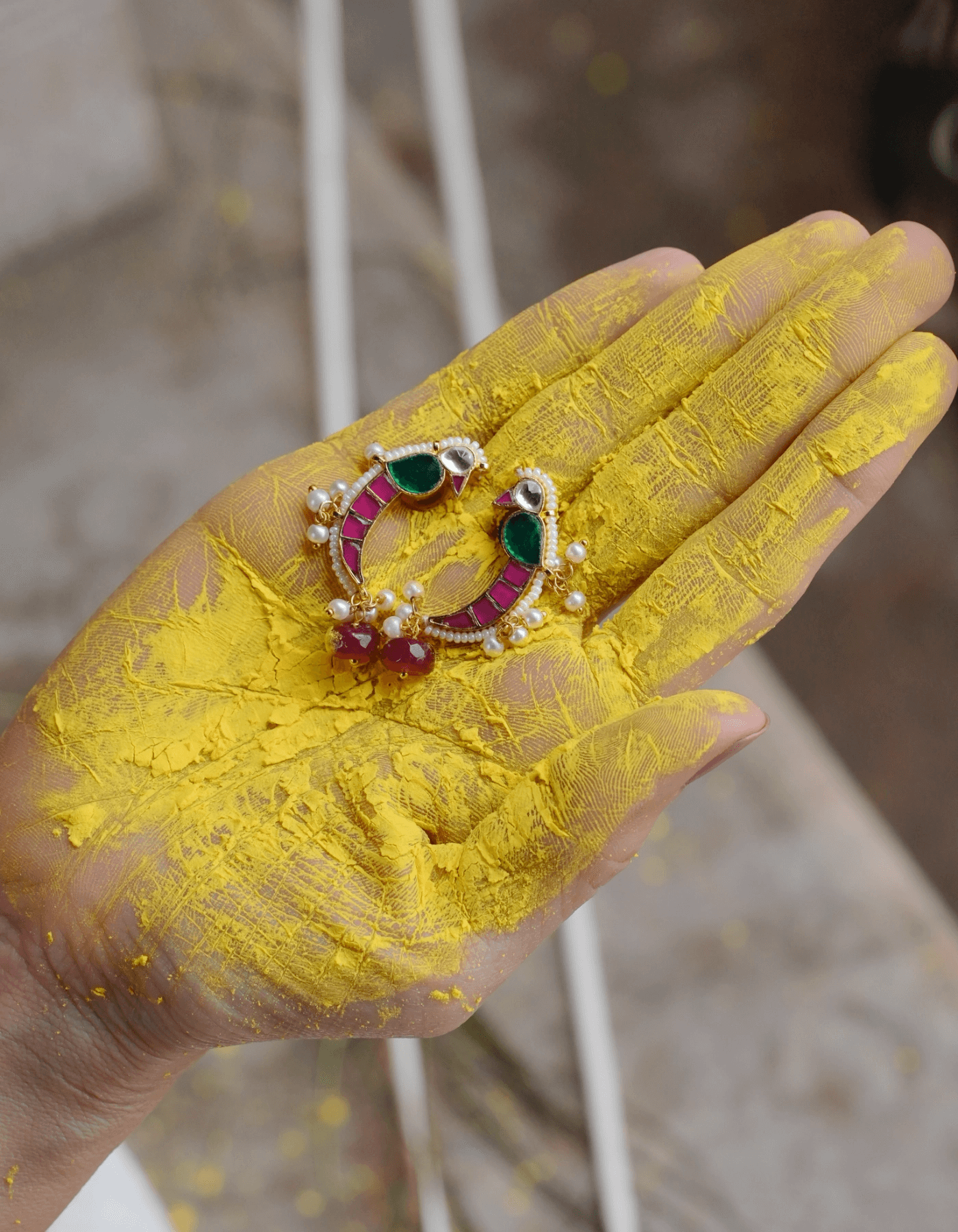 GAURANGI MAYNA RED SHAPED POLKI WITH SEMI-PRECIOUS STONE WITH BASRA MOTI