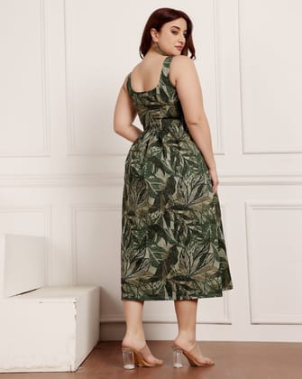 Green Leaves Printed Dress-L / Green