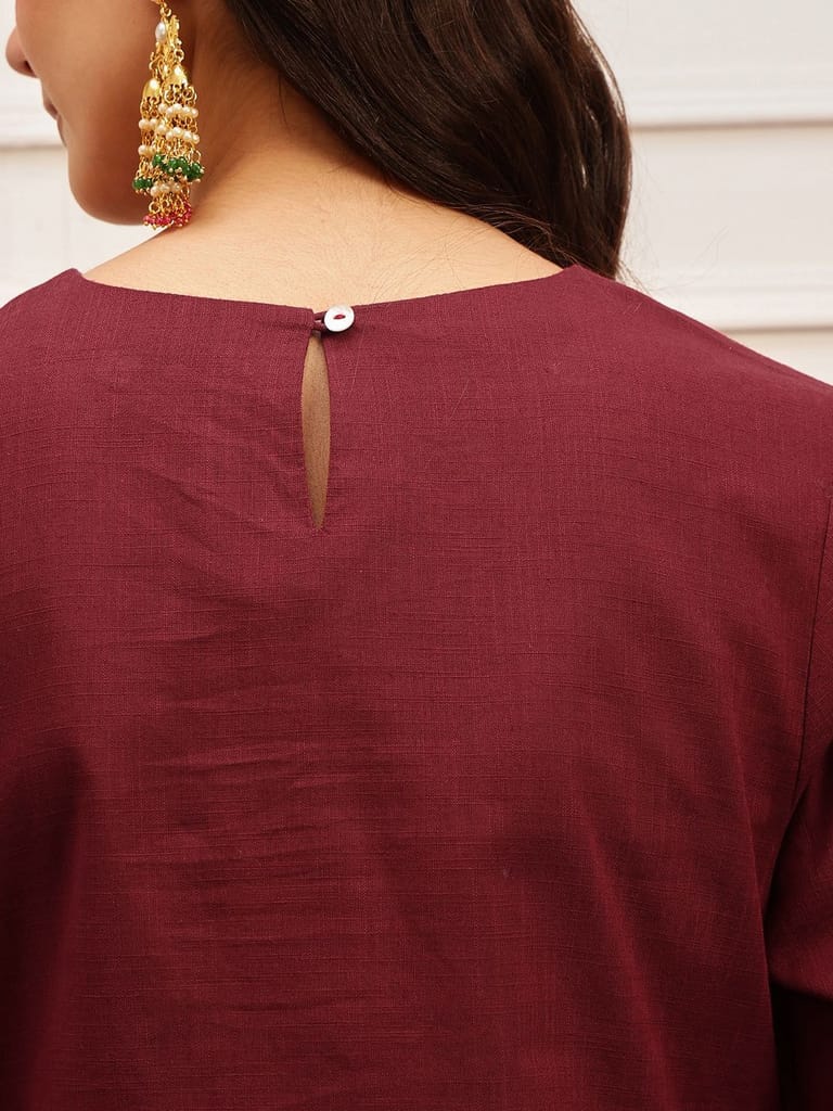 Wine Embroidered Cotton Kurta